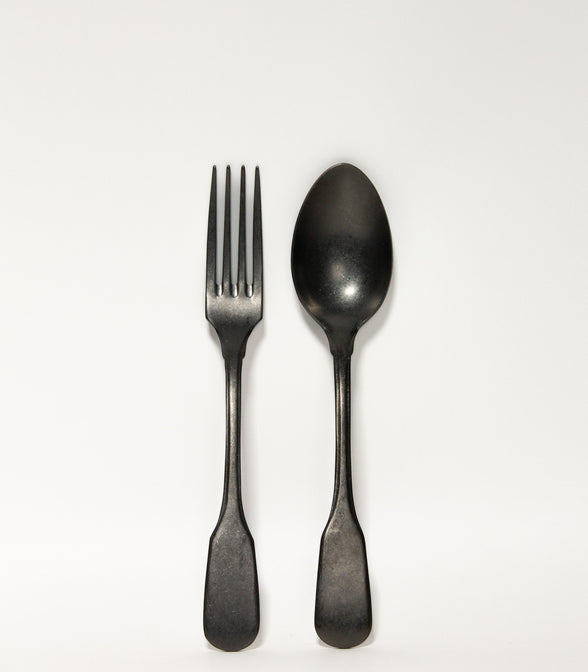 SERVING SPOON AND FORK IN BLACK STONEWASHED FINISH